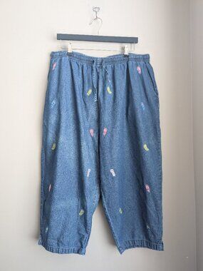 Vintage Jane Ashley embroidered flip flop sandal denim capri pant